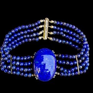 Lapis Lazuli Gemstone Bracelet 4 Strand Beads Vintage Sterling Silver